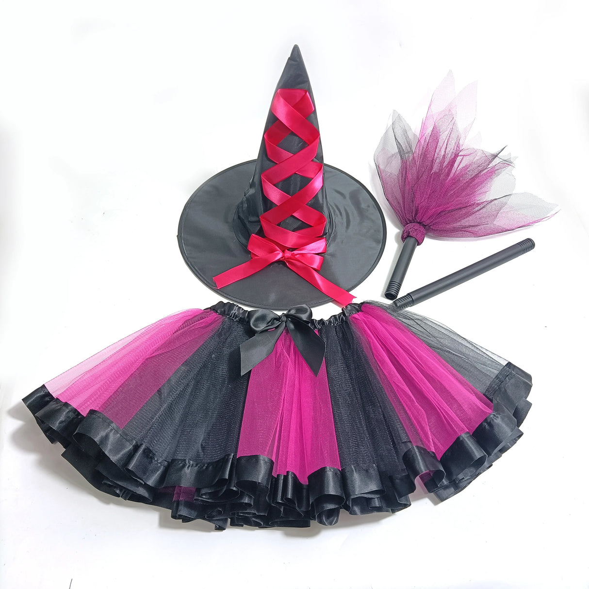 Girl's Halloween Witch Costume Set for Cosplay Parties Includes Breathable Soft Lining Skirt Broom Hat for Children