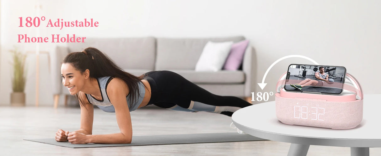 Enceinte Bluetooth 2500 mAh avec chargeur sans fil, radio FM et lumière réglable – Double enceinte portable pour chambre, bureau et cadeaux