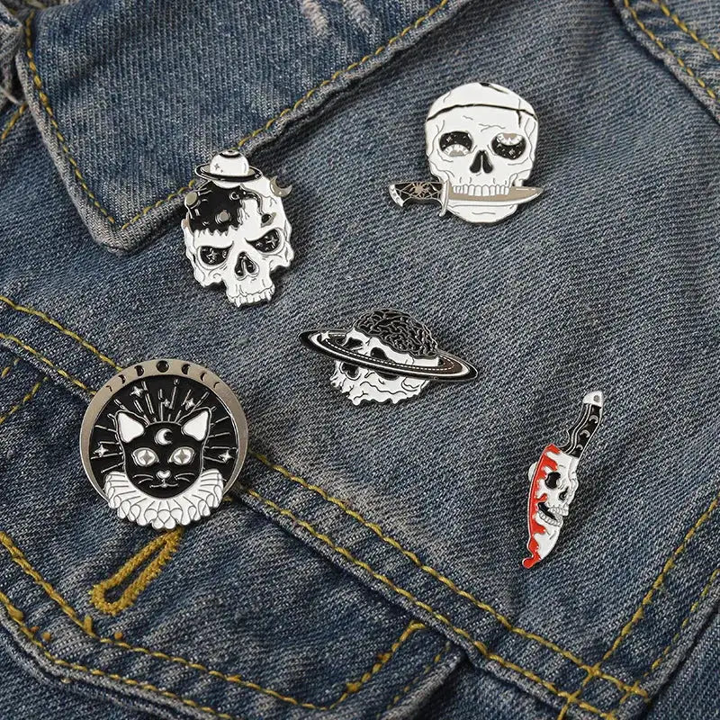 Punk Style Brooch Skull Rose Heart Brooch Halloween Cat Head Compass Wizard Hat Black Cat Alloy Brooches Enamel Badge Lapel Pins - Lootquake