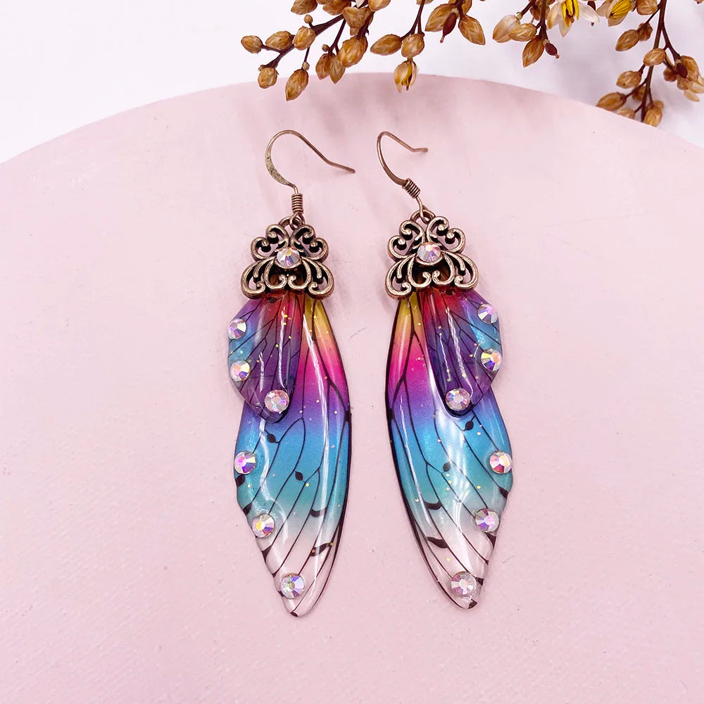 New Handmade Fairy Simulation Wing Earrings Insect Butterfly Wing Drop Earrings Foil Rhinestone Earrings Romantic Bridal Jewelry - Lootquake