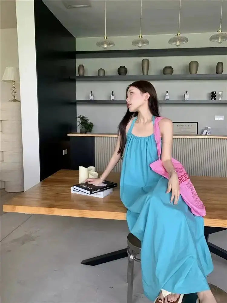 Summer Vacation Dress Thailand Style Open-back Halter Neck Age-reducing Photography Beach Long Dress Belted - Lootquake