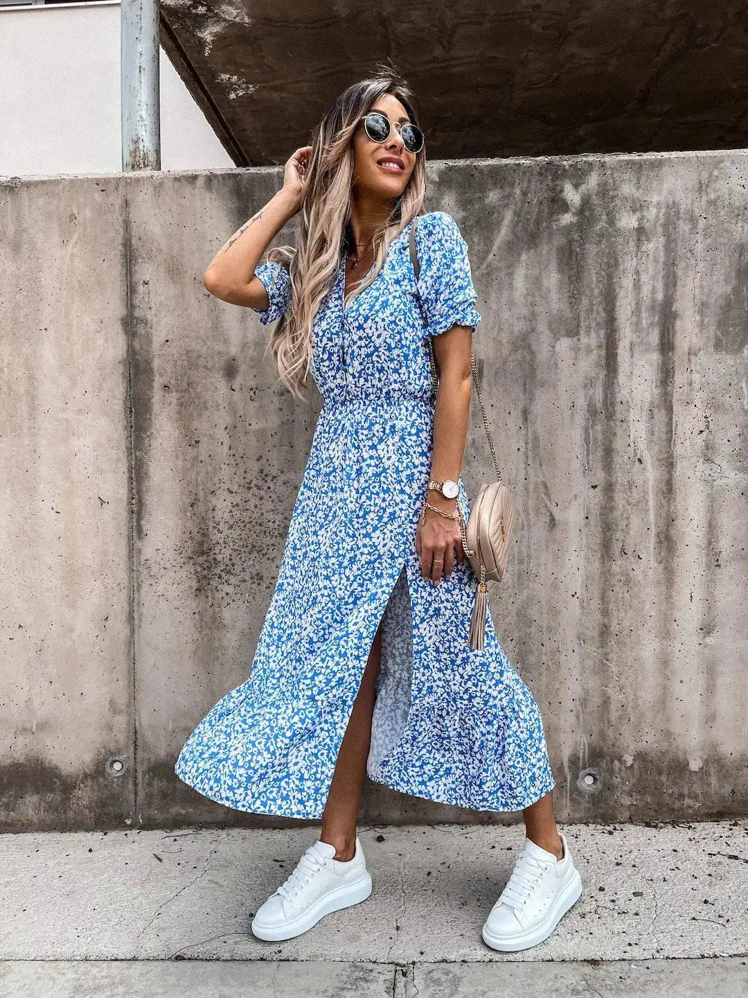 Summer Floral Print Dress Women V Neck Side Slit Long Dress Elegant Short Sleeve Button Slim Spring Female Party Dress Vestidos - Lootquake