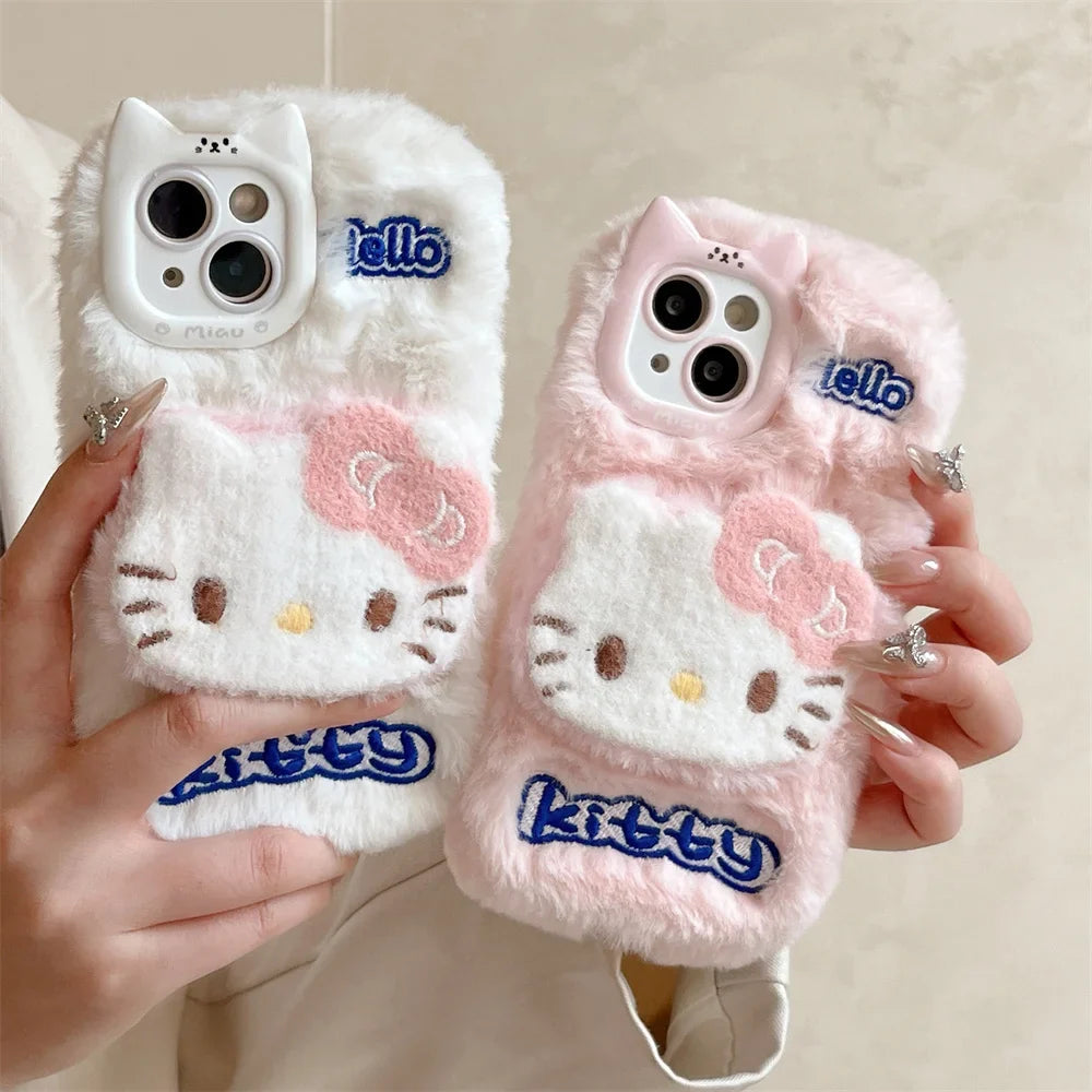 Cartoon Hello Kitty Plush Cat Ears Warm Winter Furry Fur Cover Phone Case