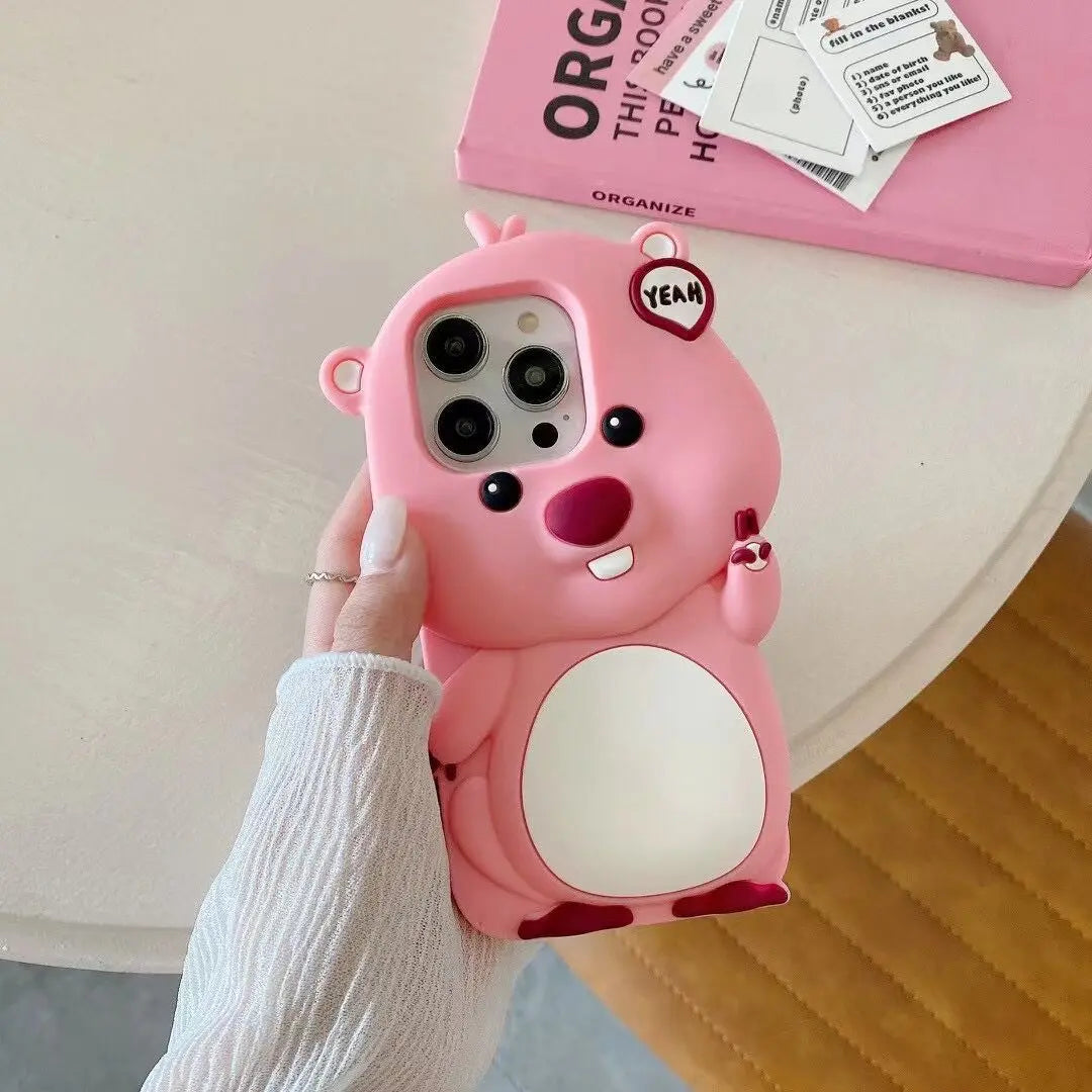 Funda para teléfono rosa con dibujos animados en 3D