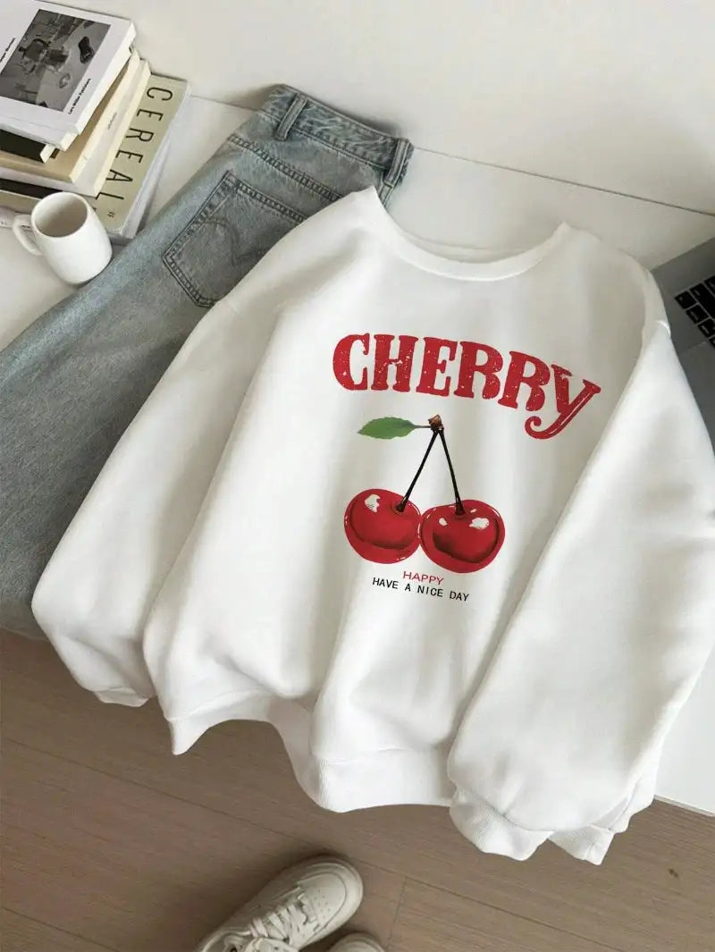 Casual Women's Sweatshirts Cherries Graphic Printing Hoodies Crewneck Fleece Warm Comfortable Pullovers Autumn Winter Streetwear - Lootquake