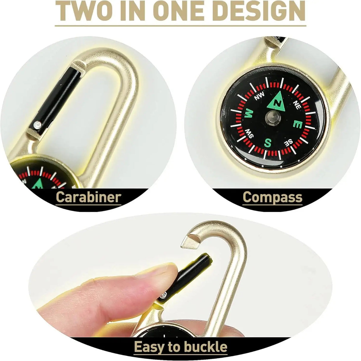 1 Pc Compass Thermometer Carabiner 3 in 1 Mini Compass Carabiner Clip Outdoor Hiking Survival Key Ring Double Sided Metal - Lootquake