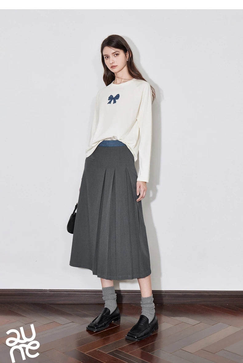 TOYOUTH Women T-shirt 2024 Autumn New Denim Bow Contrasting Color Raglan Sleeve Pullover Casual Tops - Lootquake