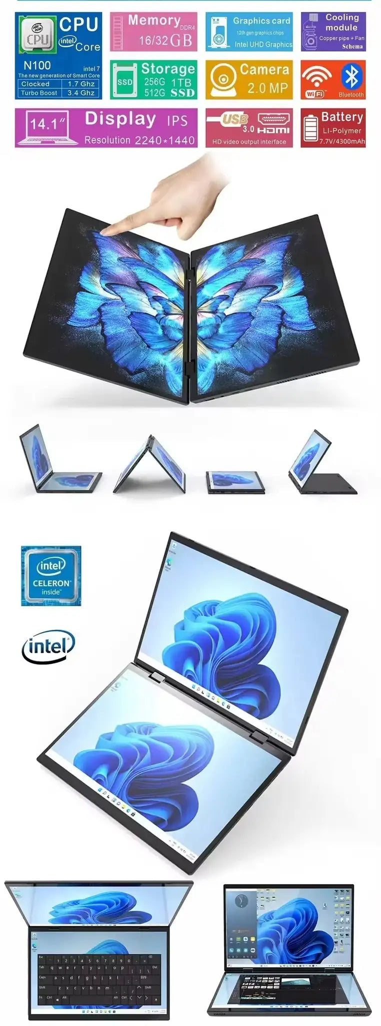 Dual Screen Laptop Intel N100 Processor 14“+14” touch Gaming Laptop DDR4 32GB 1TB 2TB SSD Notebook Computer - Lootquake