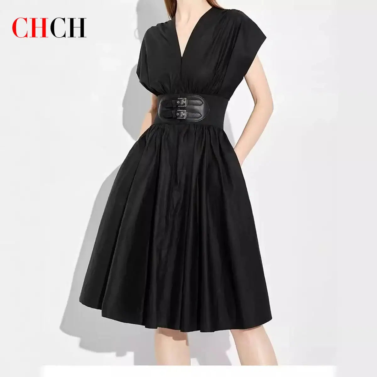 CHCH Women's Long Dress 2024 Summer New V-neck Sleeveless High Waist Slim Black Business Party Women's Wear - Lootquake