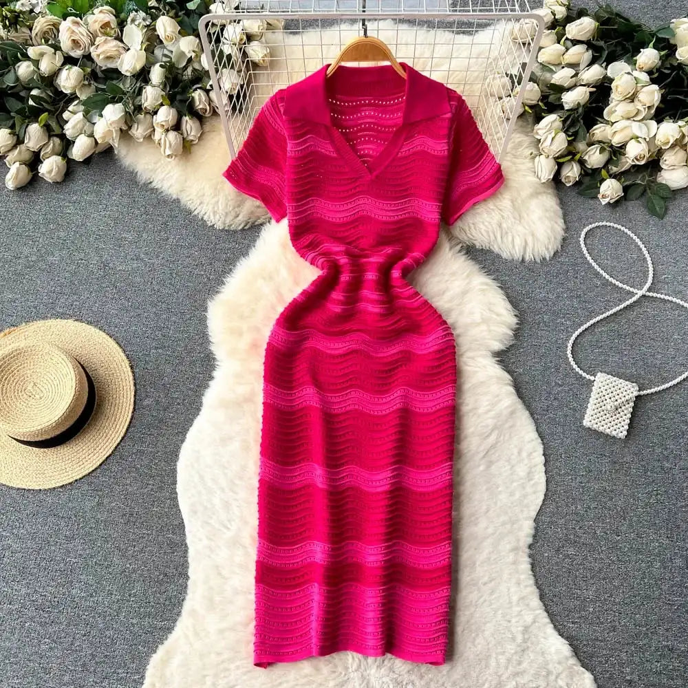 Short Sleeves Striped Long Dress Lapel Neck Hollow Out Slim Bodycon Sundress Fashion Hotsweet Knitted Beach Midi Dress - Lootquake