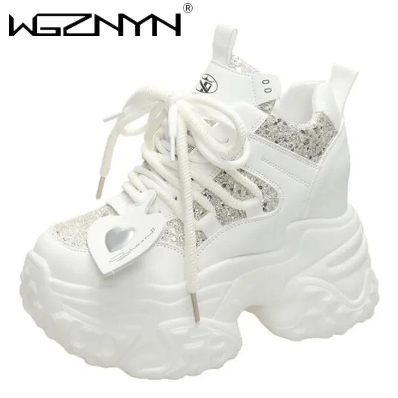 10.5CM Women Casual Platform Sneakers High Heels New Autumn Sports Leather Shoes Bling Trainers Chunky Sneaker Zapatos Mujer - Lootquake
