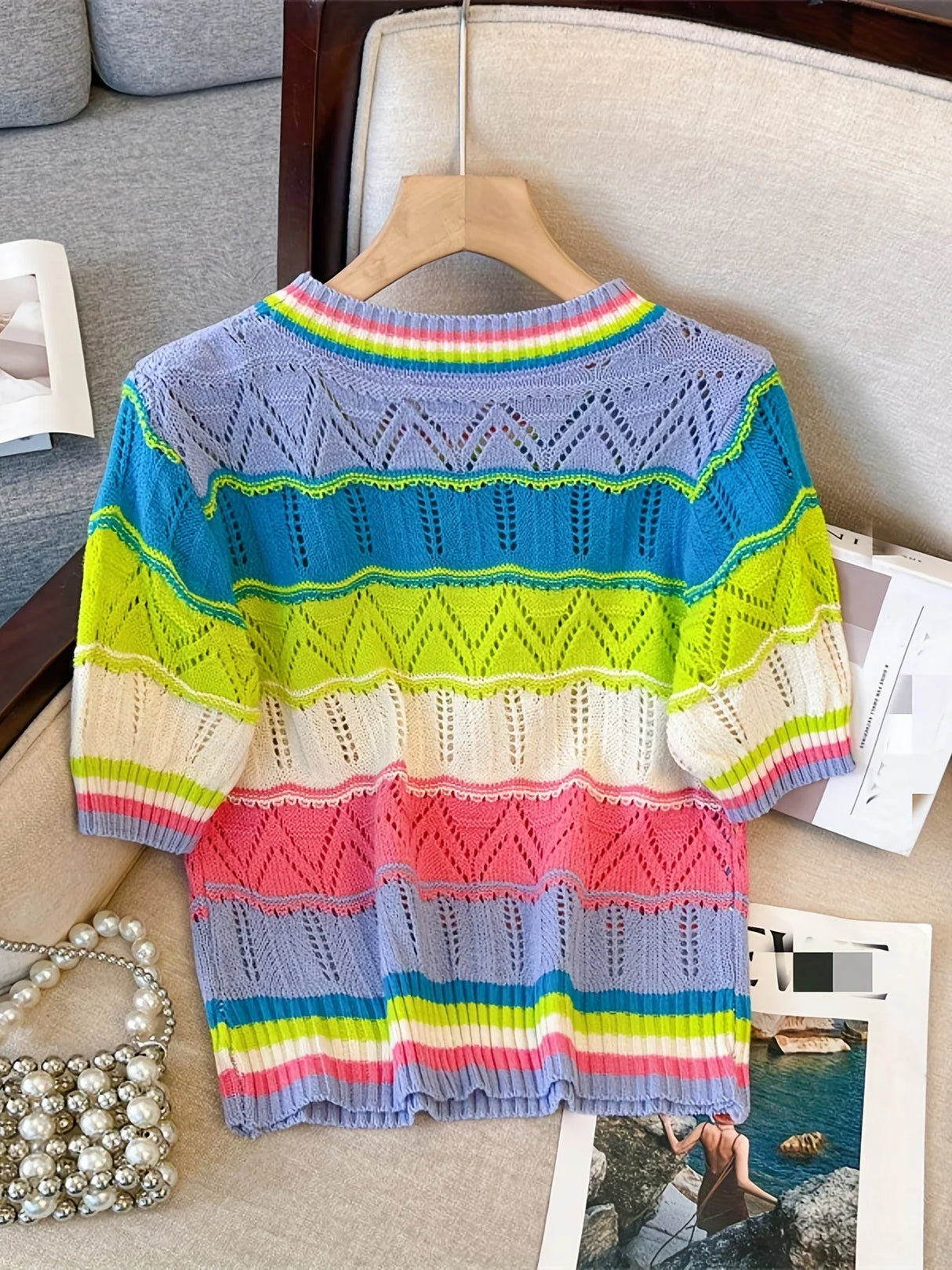 2024 New Summer Hollow Out Eyelet Rainbow Striped T-shirt Casual Crew Neck Short Sleeve T-shirt Women's Clothing Crop Top - Lootquake