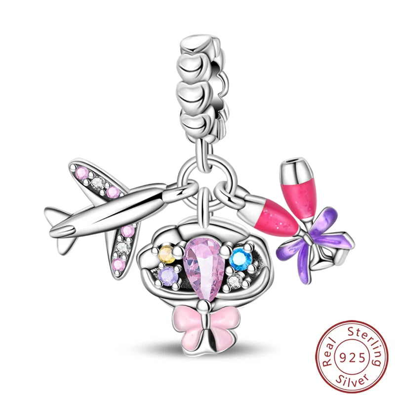 Ensemble de trois breloques en argent sterling S925, perles de 3 mm, motif princesse, golf, hamster, appareil photo, voyage, fabrication de bijoux fins