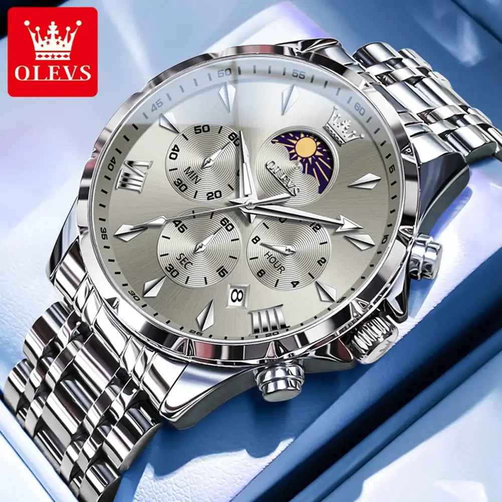 OLEVS 3653 Men Watch Luxury Brand Quartz Watch Multi functional Automatic Date Timer Watch Waterproof Luminous Moonphase Watch - Lootquake