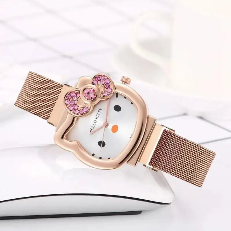 Hello Kitty Diamond Watch Cat Bow Kawaii Pink Ladies Gold Sliver Metal Jewelry Cartoon Magnetic Watch Girlfriend Birthday - Lootquake