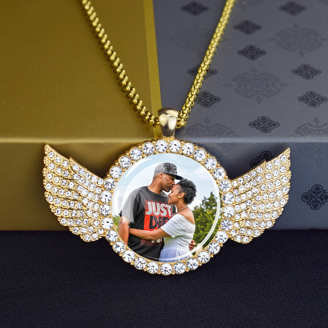 Custom Necklace Personalized Photo Picture Angel Wings Rhinestone Pendant Chains Necklaces Creative Fashion Hip Hop Jewelry Gift - Lootquake