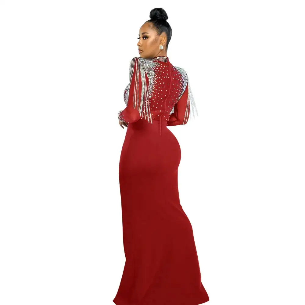 CM.YAYA Women Mesh See Through Long Sleeve Diamonds Hot Rhinestones Mermaid Long Dress Fall Evening Sexy Party Dresses Vestidos - Lootquake