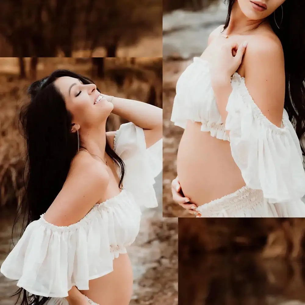 Maternity Dress For Photoshoot Pregnancy Off Shoulder Ruffled Semi Transparent Chiffon Long Dress Photography Dress For Women - Lootquake