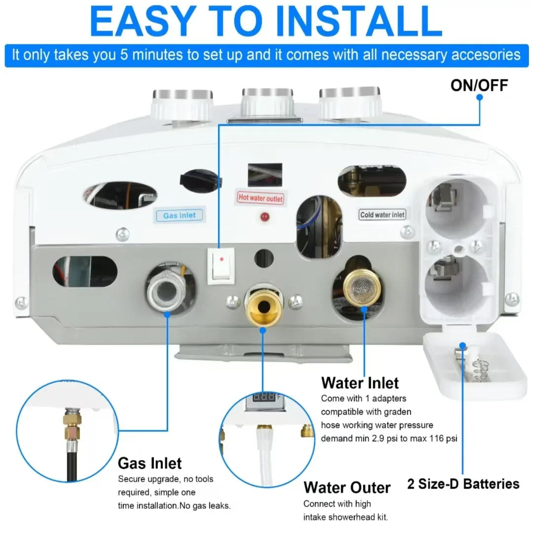 Calentador de agua instantáneo sin tanque de 6 litros para acampar al aire libre, a gas propano, con cabezal de ducha, para auto, camión y tienda de campaña.