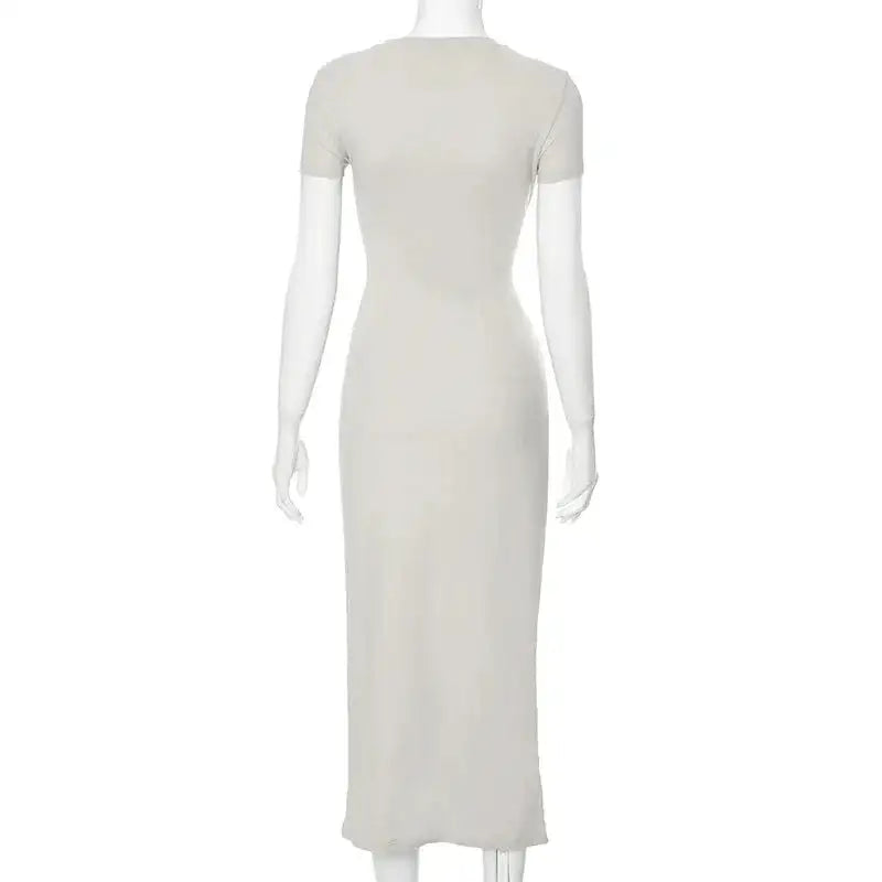 BWQ 2024 Women Solid Color Slim Short Sleeve Casual Pullover Sumer Long Dress Skinny Sexy Daily Dress - Lootquake