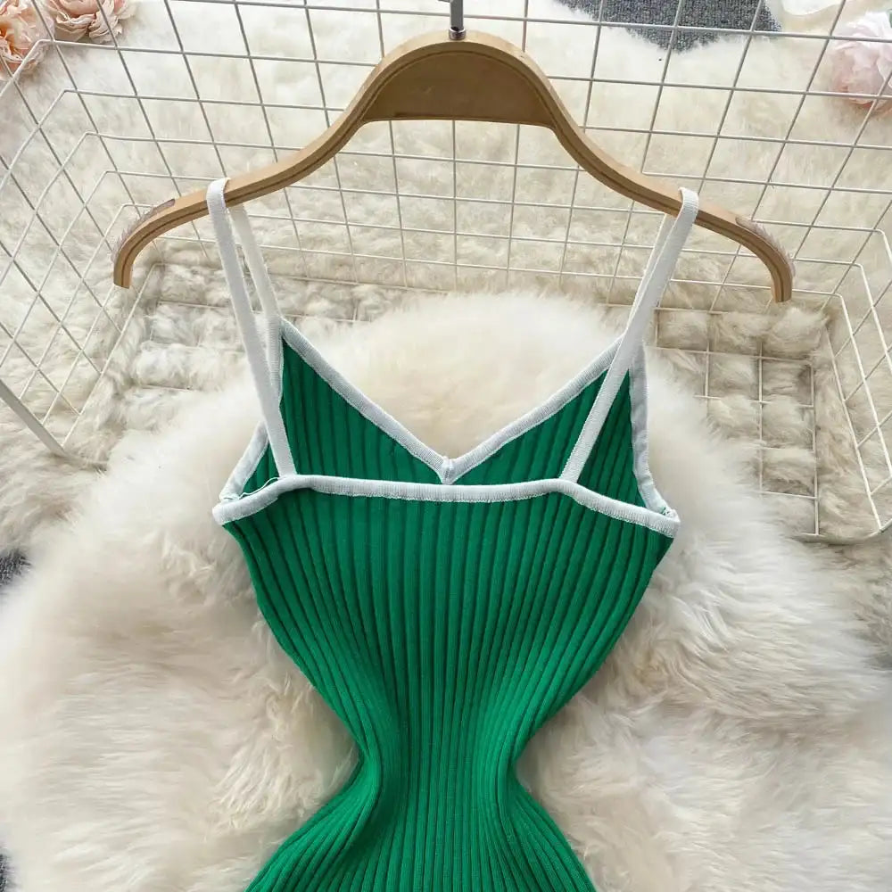 Summer V Neck Knit Sexy Strap Dress Women Elatic Waist Bodycon Sundress Female Beach Backless Maxi Long Dress - Lootquake