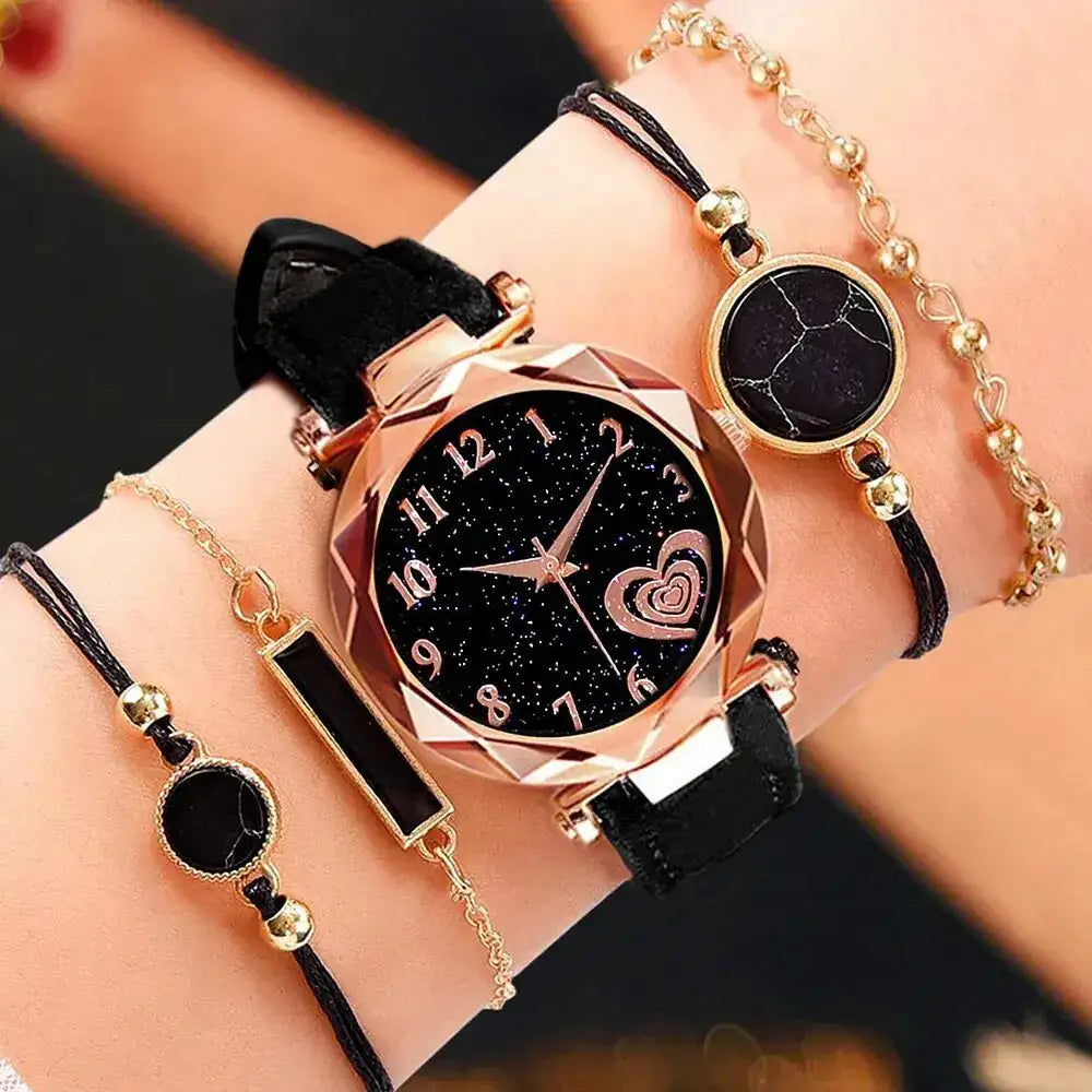 5pcs Set Womens Watches Set Ladies Fashion Watch Black Female New Simple Casual Womens Analog WristWatch Bracelet Gift No Box - Lootquake
