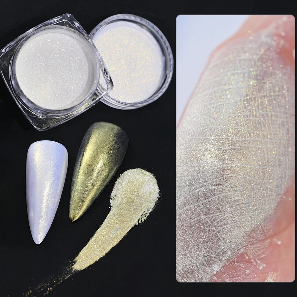 1/2PC Pearl White Mermaid Aurora Chrome Nail Powder Metallic Neon Rainbow Dust Nail Art Gel Polish Supplies Mirror Chrome Powder