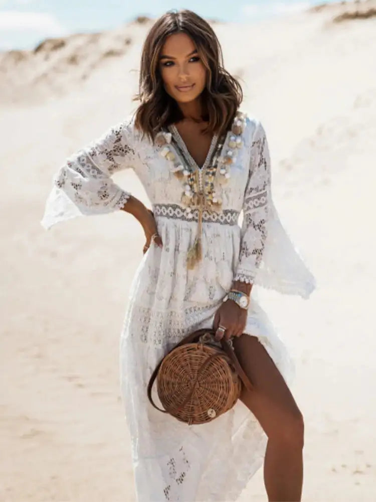 Vestido largo bohemio de verano para mujer, con encaje, cuello en V, mangas acampanadas, sexy, para fiesta, playa, boda