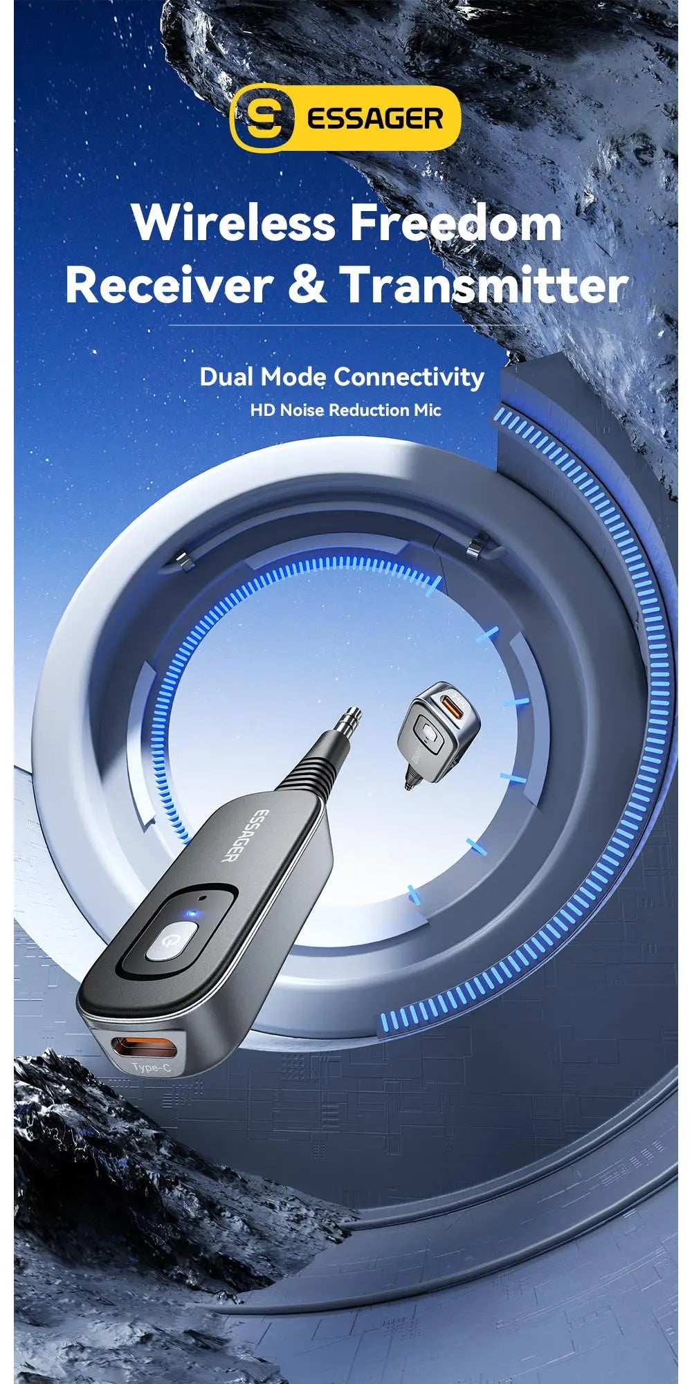 Receptor y transmisor de audio Essager Bluetooth 5.1 de 3,5 mm con entrada auxiliar de 3,5 mm y micrófono, adaptador inalámbrico para música estéreo, PC, TV y altavoces de coche.