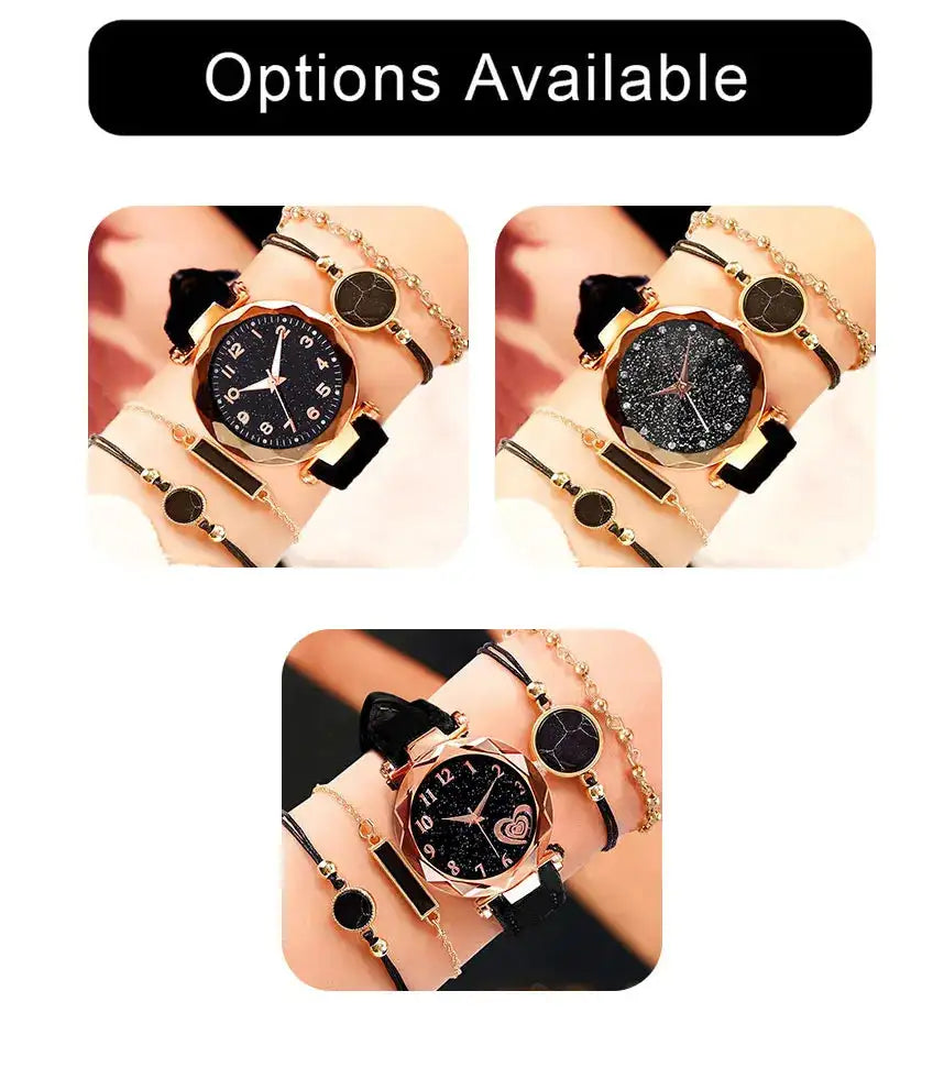 5pcs Set Womens Watches Set Ladies Fashion Watch Black Female New Simple Casual Womens Analog WristWatch Bracelet Gift No Box - Lootquake