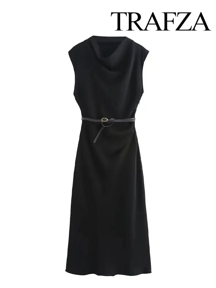 TRAFZA Women's Autumn New Fashion Versatile Belted Midi Slim Long Dress Female Elegant High Street Sleeveless Casual Dress Mujer - Lootquake