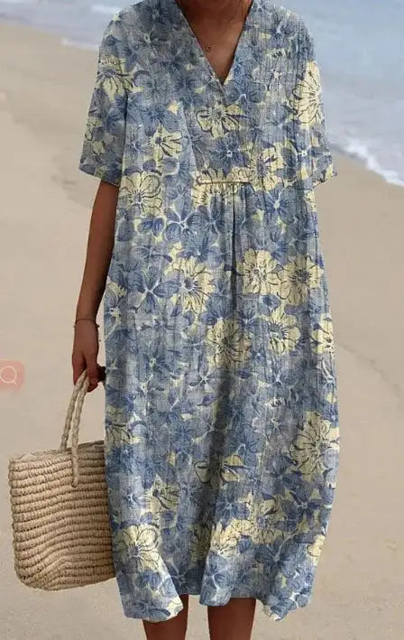 Casual Short Sleeved V-neck Big Swing Dress 2024 New Women's Loose Printed Long Dress Female Retro Flower Print Pullover Dresses - Lootquake