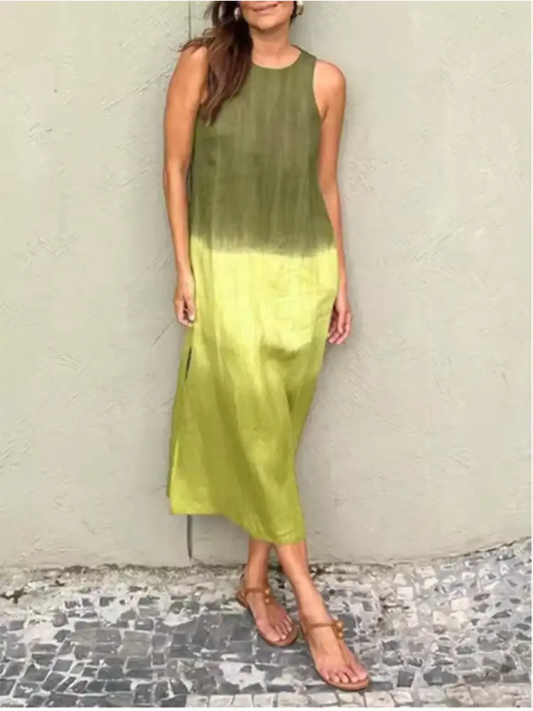 Fashion Vest Long Dress Women Summer Sleeveless o Neck Dress Summer Gradient Casual Dresses - Lootquake
