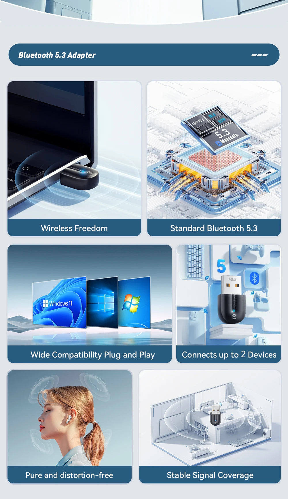 Adaptateur USB Bluetooth 5.3 Essager, récepteur audio auxiliaire, émetteur pour haut-parleur PC, ordinateur portable, boîte à son, souris sans fil, émetteur USB