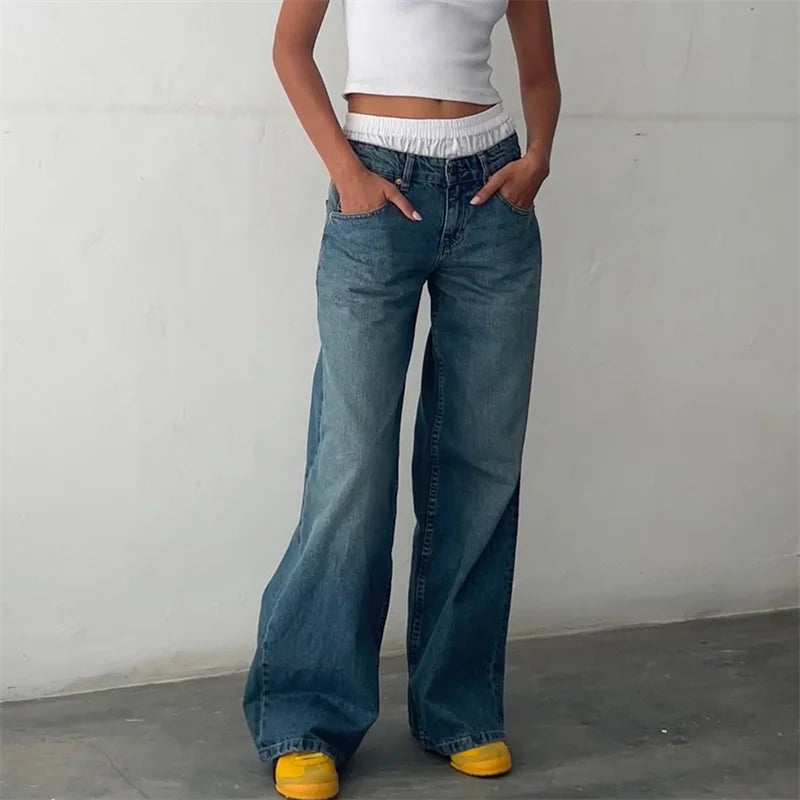 Lamuusaa Jeans y2k Clothes Women Solid Color Low Waist Waist Wide Leg Denim Pants Trousers with Multi Pockets 2000s Streetwear - Lootquake