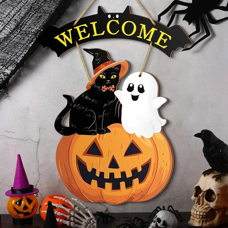 Welcome Sign w/ Cat, Ghost & Pumpkin
