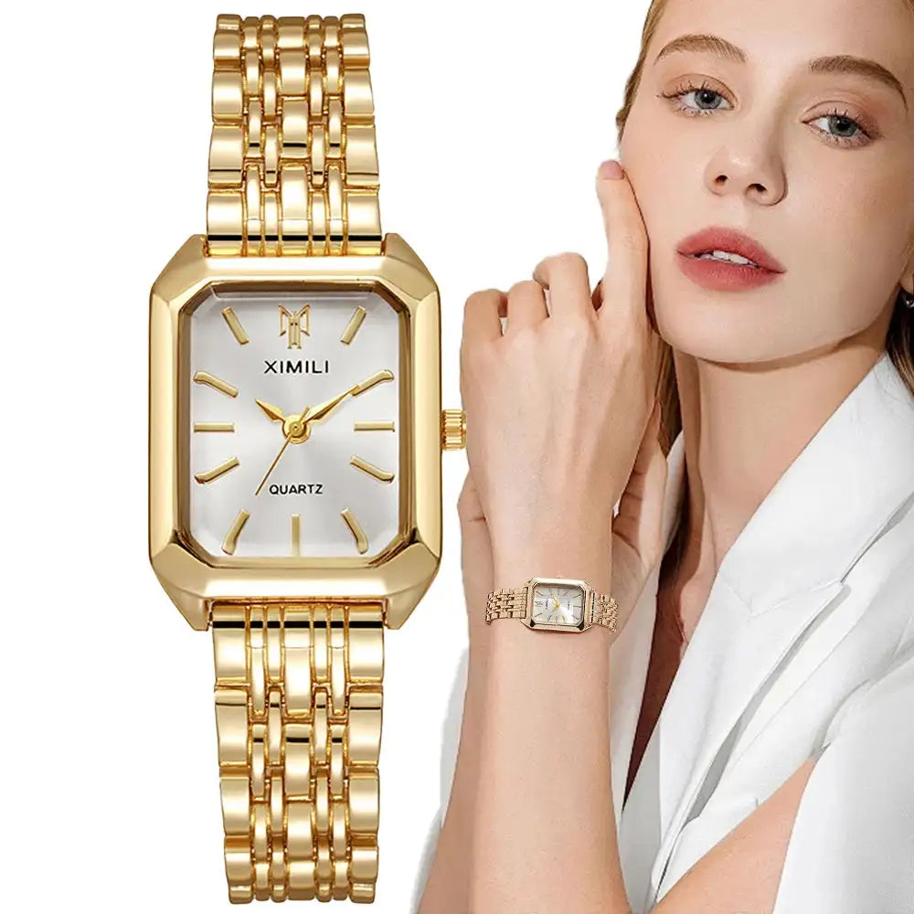Luxury Ladies Fashion Quartz Watch Simple Scale Square Quality Gold Plated Women Watches Business Stainless Steel Folding Clock - Lootquake
