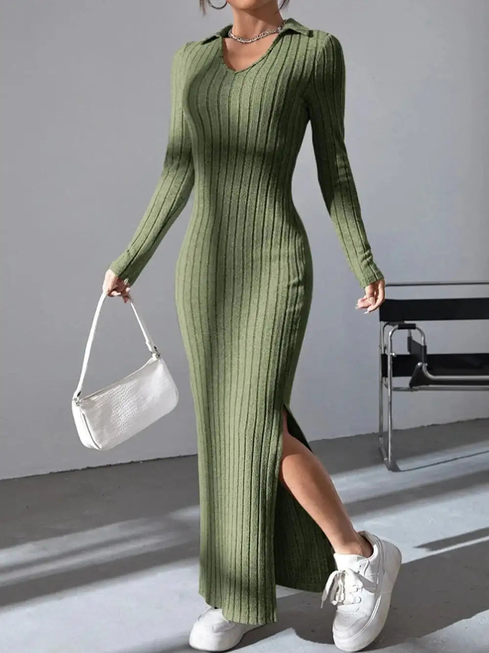 2024 Spring/Summer Knitted Dress Slim Fit Fashion Casual Women's Lapel Long sleeved Dress Concave Stripe Solid Color Long Dress - Lootquake