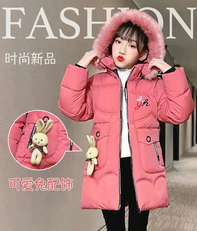 4 Color Big Size Winter Keep Warm Long Style Girls Jacket Teenage Thick Heavy Cold-proof Hooded Windbreaker Coat For Kids - Lootquake