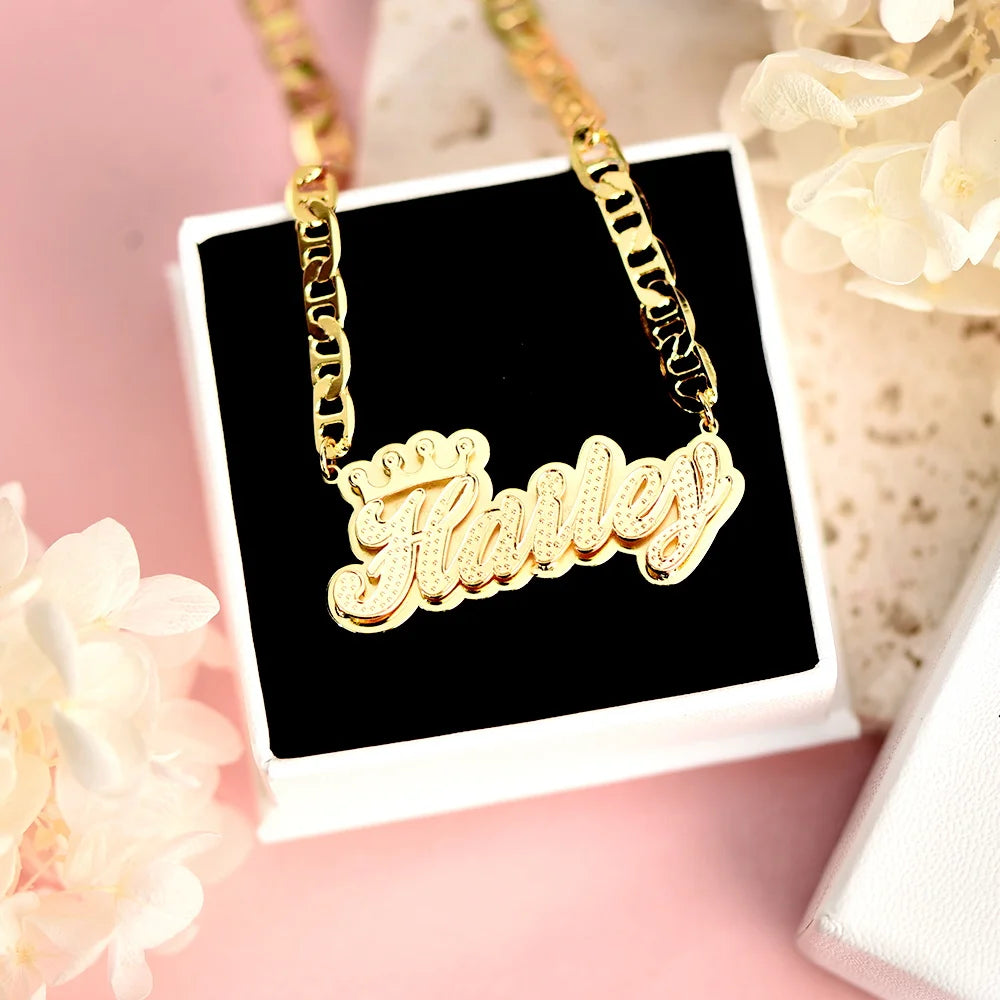DHQH Customized 3D Name Necklace with Crown Personalized Double Layer Pendant Flat Chain Women's Stainless Steel Jewelry Gift - Lootquake