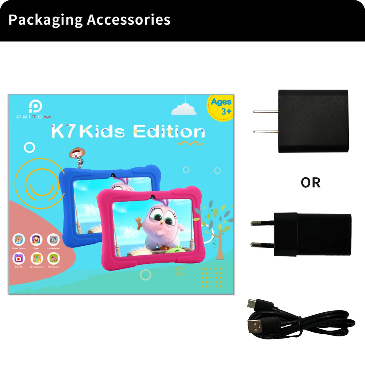 Tablette enfant PRITOM 7 pouces, Android 10, 4 cœurs, 32 Go, Wi-Fi, Bluetooth, logiciel éducatif installé