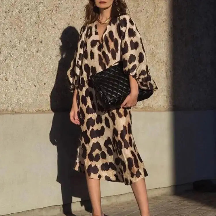 Autumn Women's Long Leopard Print Dress New Long V-neck Loose Lantern Sleeve Leopard Print Dress Long Dress - Lootquake