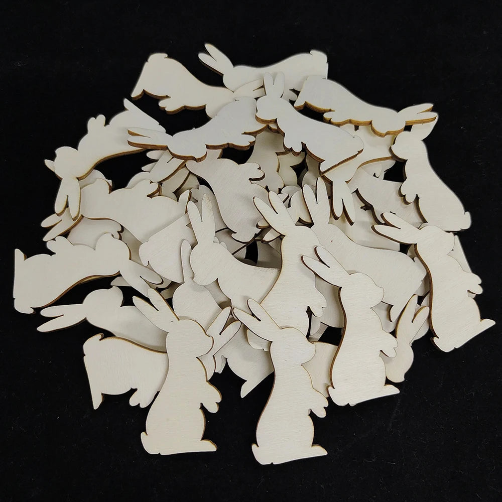 50/100Pcs Easter Bunny Shaped Wooden Chips Happy Easter Unfinished Diy Painting Crafts Rabbit Ornaments Easter Kids Favor - Lootquake