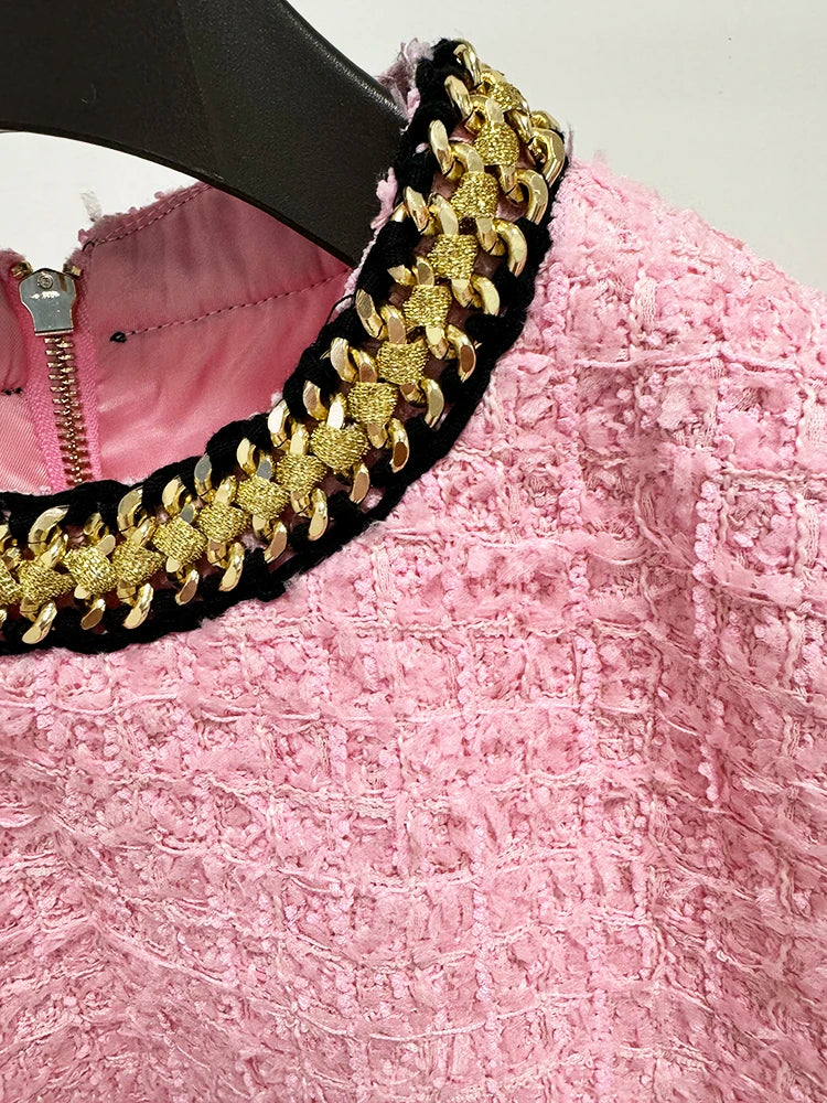 HIGH STREET Newest 2024 Runway Designer Fashion Women's Sleeveless Metal Chains Embellished Tweed Vest Cropped Tank Top - Lootquake