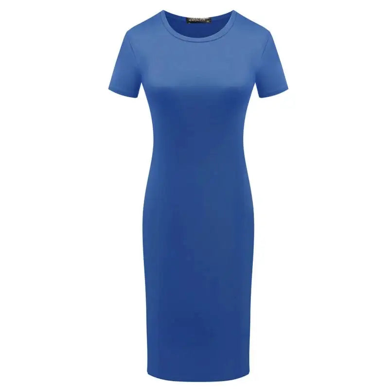 652F Women Summer Short Sleeve Plain Slim Fitted Knee Length Package Hip Long Dress - Lootquake