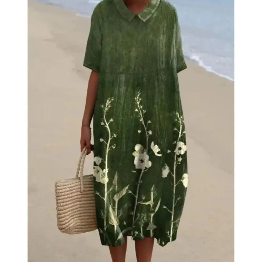 Casual Short Sleeved V-neck Big Swing Dress 2024 New Women's Loose Printed Long Dress Female Retro Flower Print Pullover Dresses - Lootquake