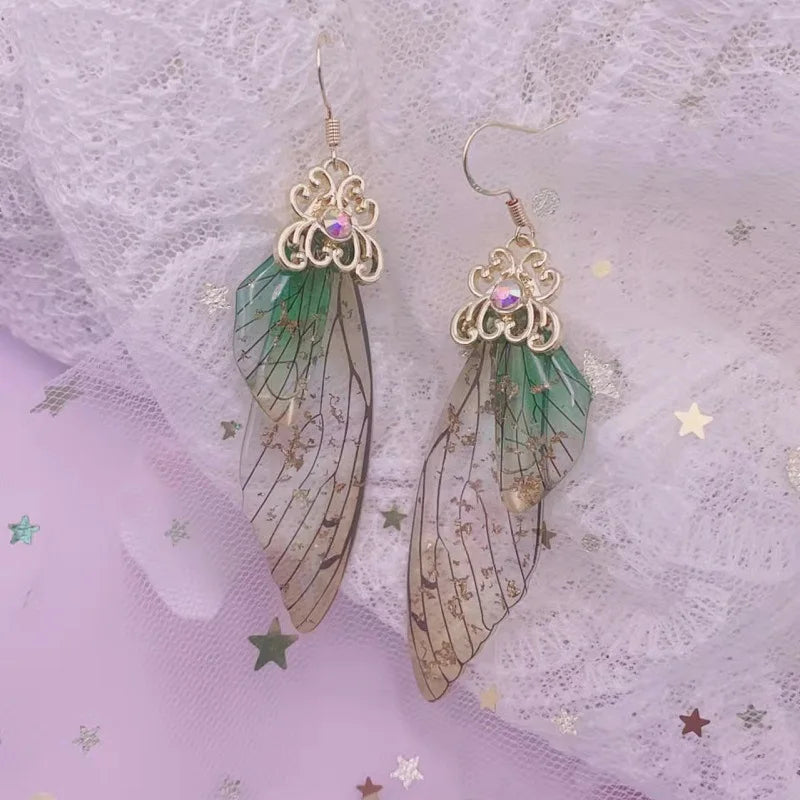 New Handmade Fairy Simulation Wing Earrings Insect Butterfly Wing Drop Earrings Foil Rhinestone Earrings Romantic Bridal Jewelry - Lootquake