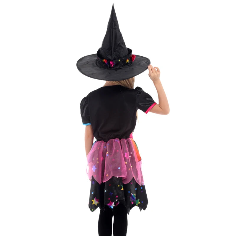 Halloween Children's Witch Dress - Comes with Hat, Halloween Role Playing Costume,Colorful Star Pattern Printed Carnival Costume
