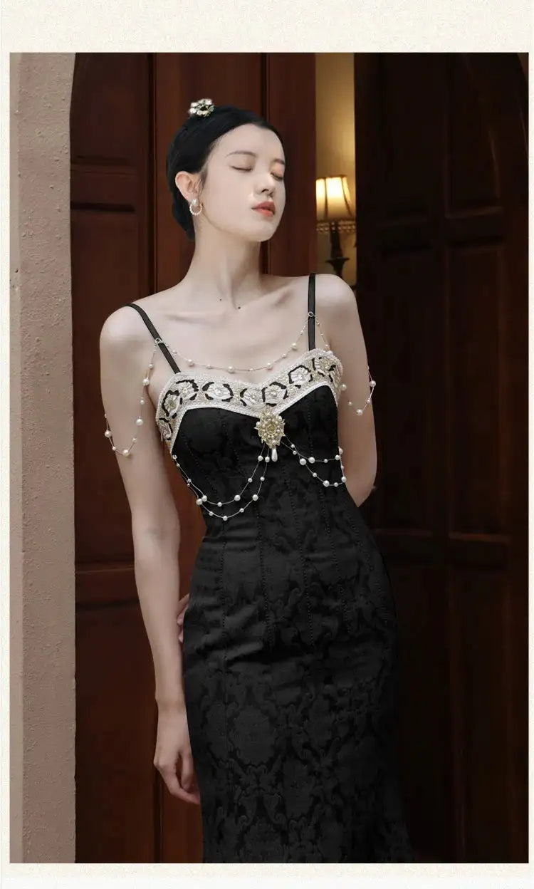 Summer Women Gorgeous Party Mermaid Prom Dress Spaghetti Strap Pearl Beading Ruffles Dress Feminine Backless Trumpet Long Dress - Lootquake