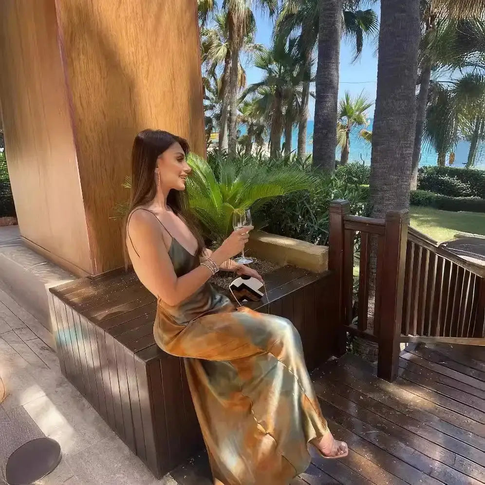 2023 New Women's Elegant Sexy Long Dress V-neck Open-back Rainbow Printing Tank Dress Sleeveless Summer Fashion - Lootquake